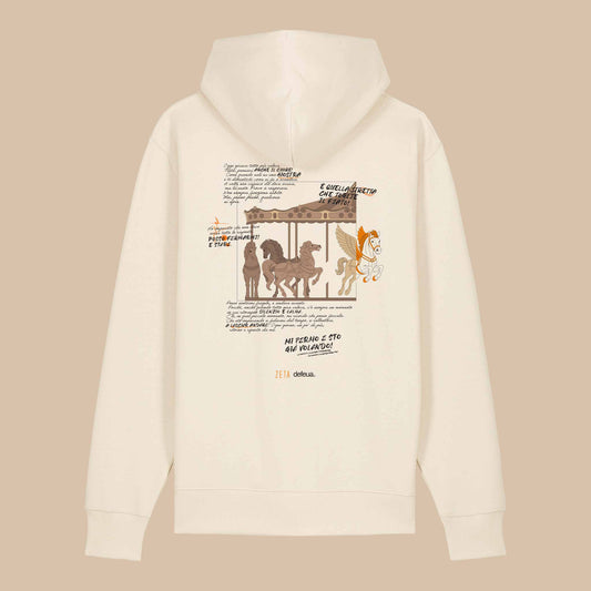 Defeua BREAK THE LOOP hoodie in cotone biologico, colore natural raw, grafica generazione zeta sull'ansia