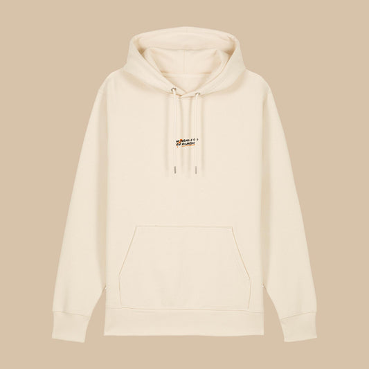 Defeua BREAK THE LOOP hoodie in cotone biologico, colore natural raw, grafica generazione zeta sull'ansia - fronte