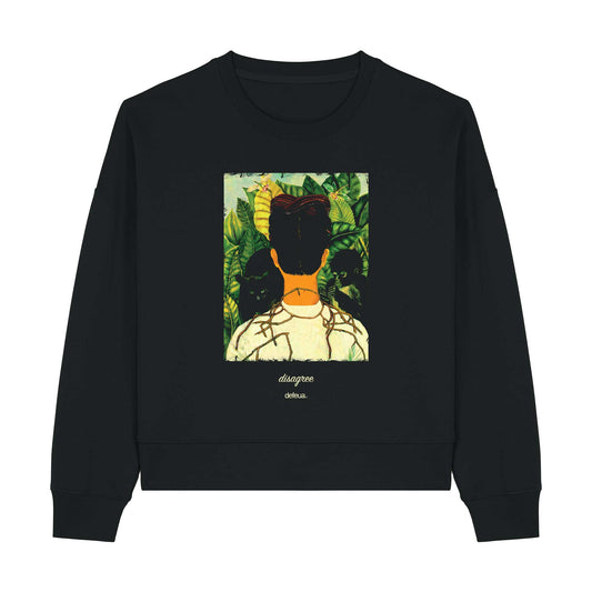 Defeua DISAGREE, felpa donna in cotone biologico con spalle ribassate e grafica su Frida Kahlo.
