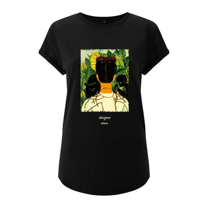 Defeua® DISAGREE t-shirt donna nera sua Frida Kahlo  in 100% cotone biologico e maniche arrotolate