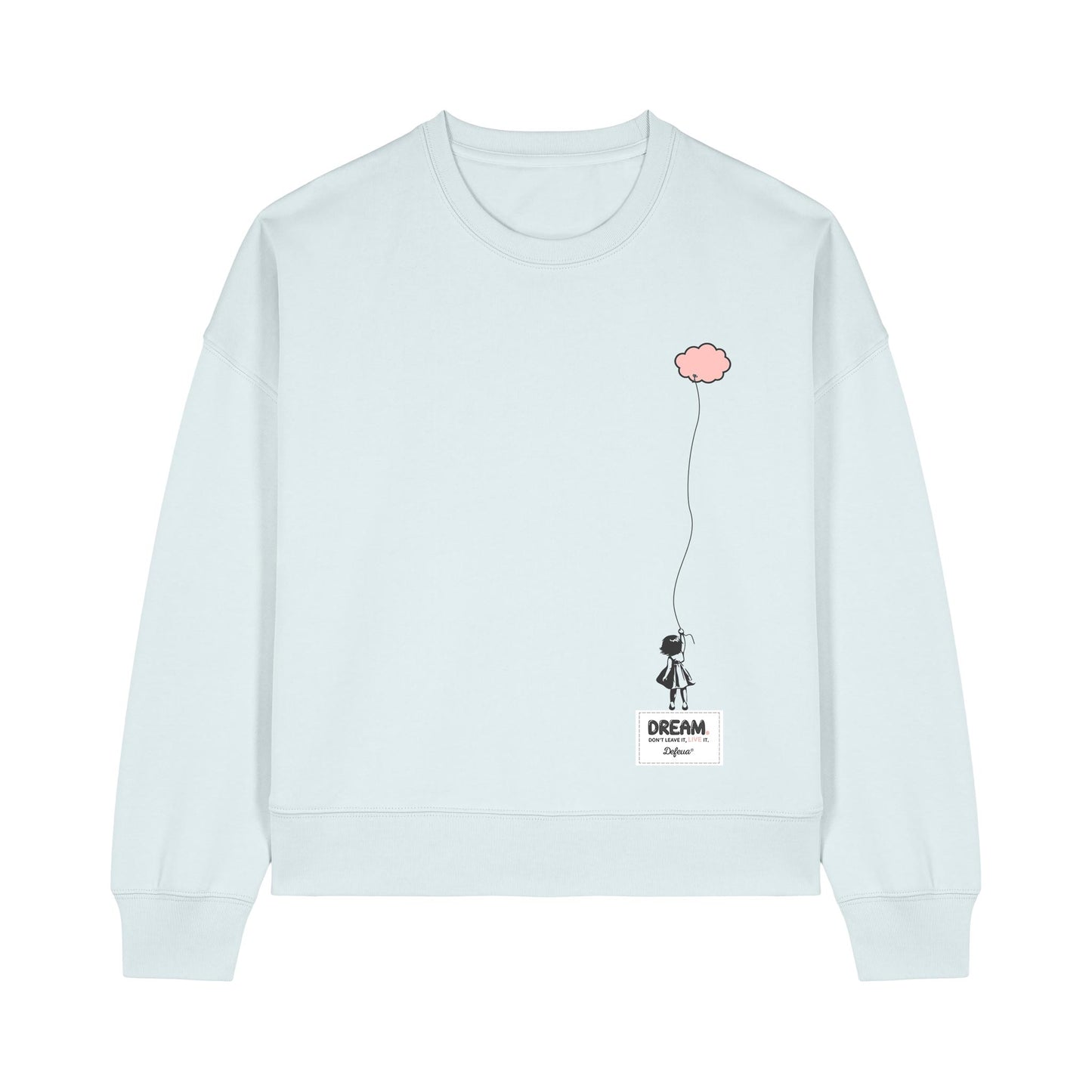 Defeua® felpa donna DREAM, spalle abbassate, colore ghiaccio in 100% cotone biologico sul valore del sogno