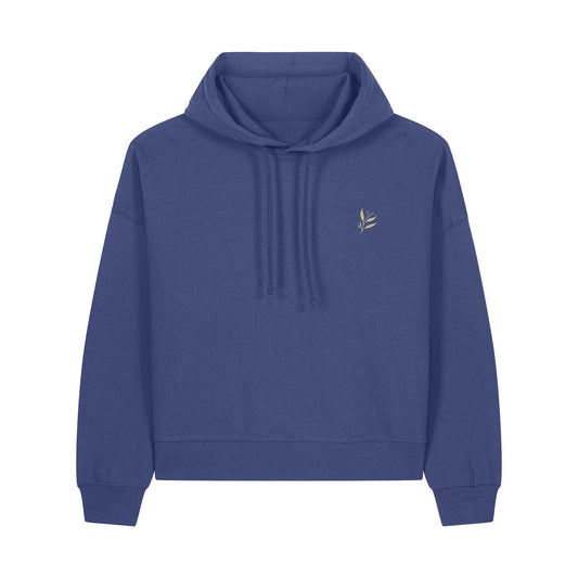 Defeua® FEMMES fronte felpa con cappuccio donna colore crepuscolo, taglio boxy spalle ribassate, grafica generazione Zeta sulla solidarietà femminile - 100% cotone biologico