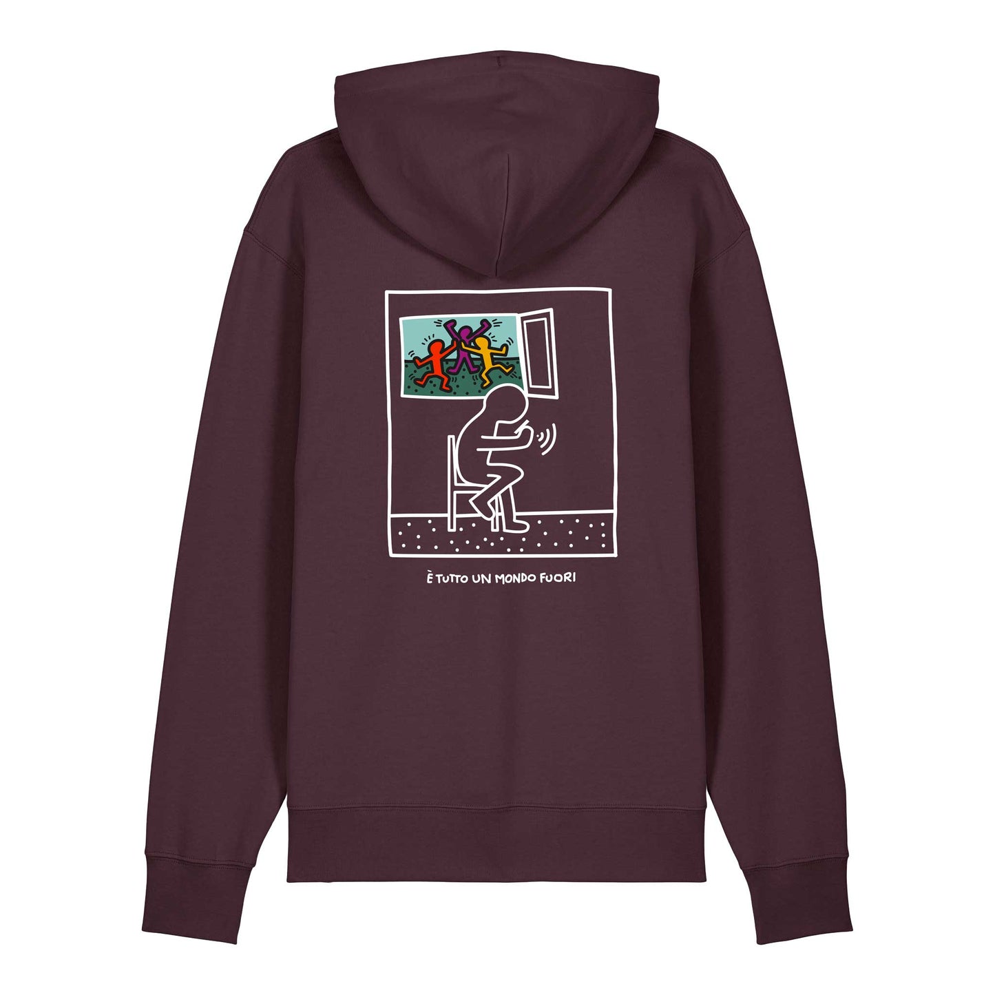 Defeua FUORI, la nuova felpa ispirata a Keith Haring che racconta un mondo impazzito dietro ad uno schermo.