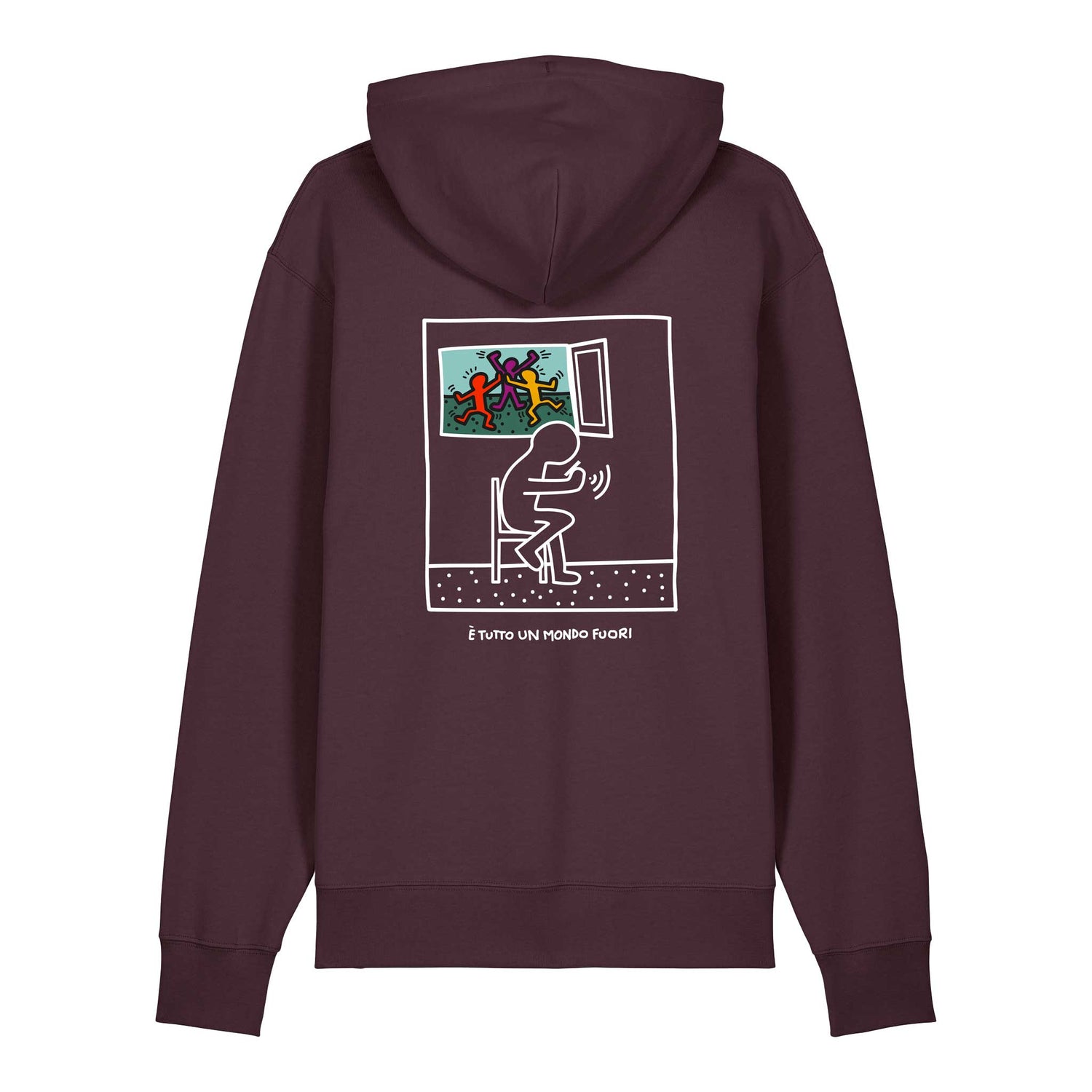 Defeua FUORI, la nuova felpa ispirata a Keith Haring che racconta un mondo impazzito dietro ad uno schermo.