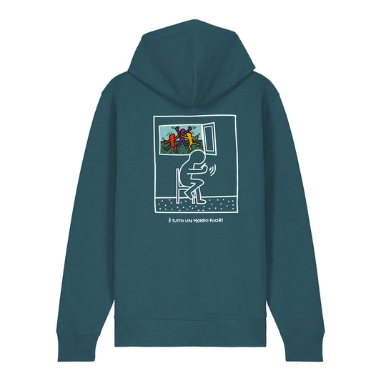 Defeua® FUORI felpa con cappuccio e zip in cotone biologico con grafica ispirata a Keith Haring