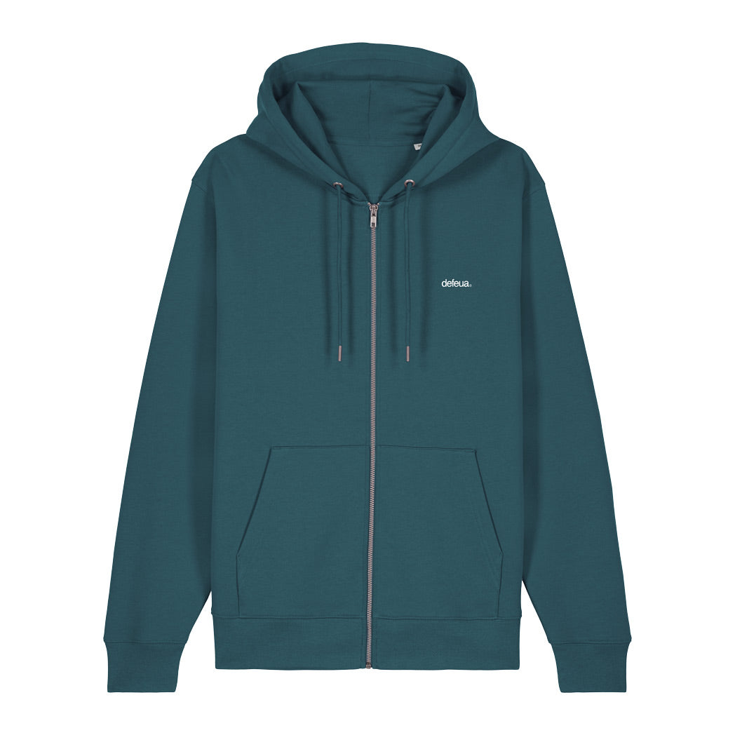 Defeua® FUORI felpa con cappuccio e zip in cotone biologico. Lato frontale con stampa logo.