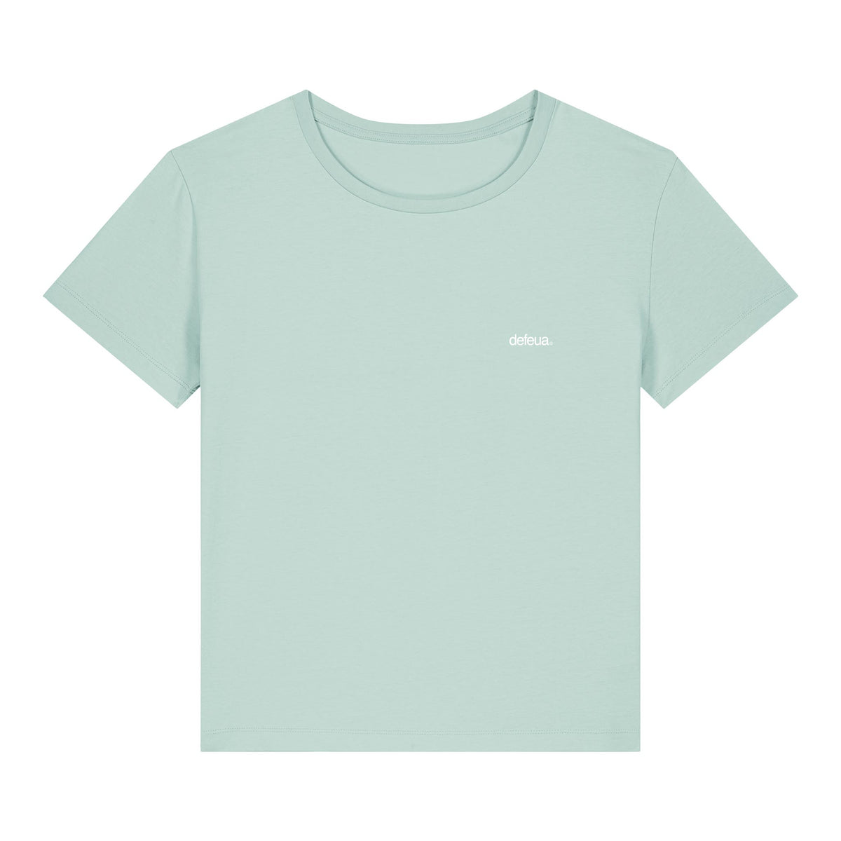 T-shirt donna sostenibilie in cotone biologico "FUORI", grafica frontale logo DEFEUA - colore Mare di Sardegna