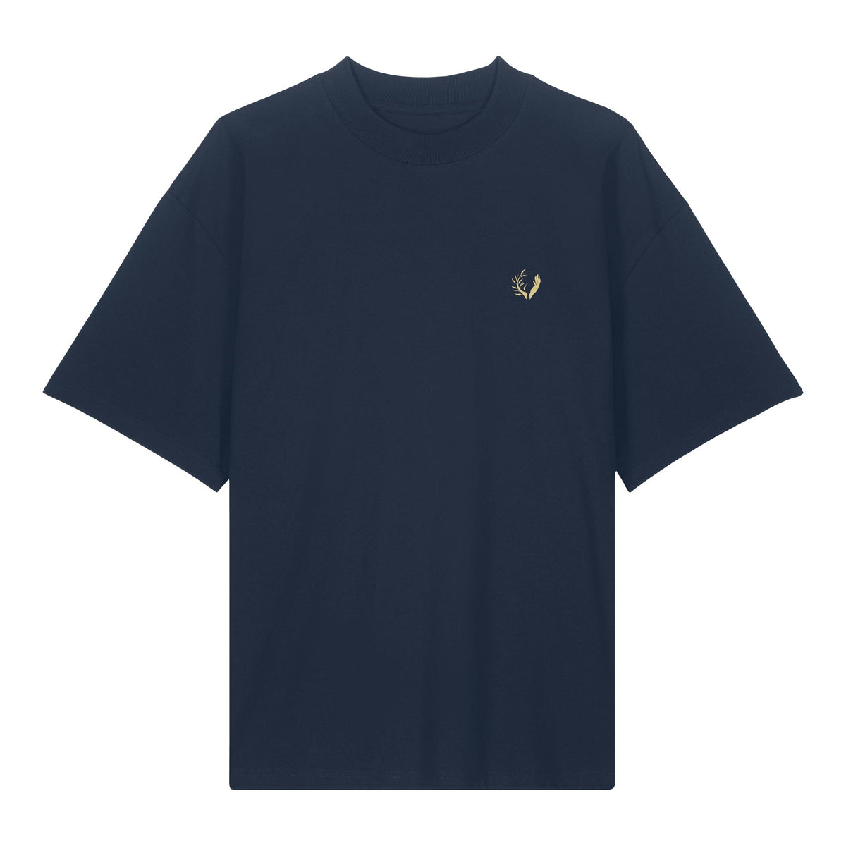 Fronte della T-shirt sostenibile oversize GLORIA, colore blu in cotone biologico sul tema della fama, sviluppato dalla Gen Z.