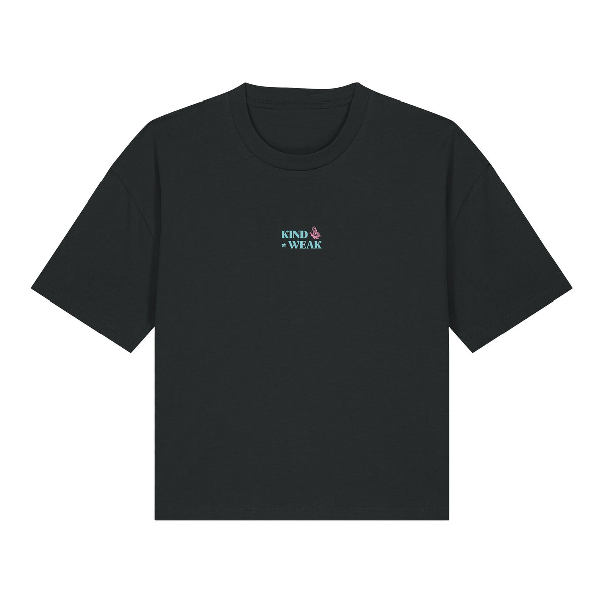 Defeua® KINDNESS t-shirt nera donna gen Z sulla gentilezza - maniche ribassate e taglio boxy - grafica frontale