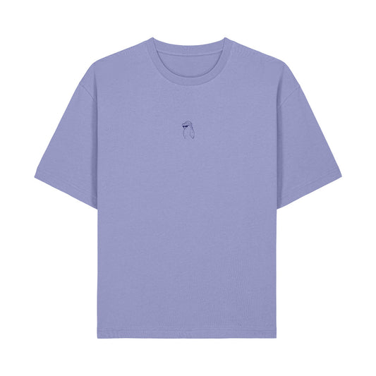 Defeua® LESS STRESS tshirt loose fit violetto, grafica frontale con illustrazione kakapo
