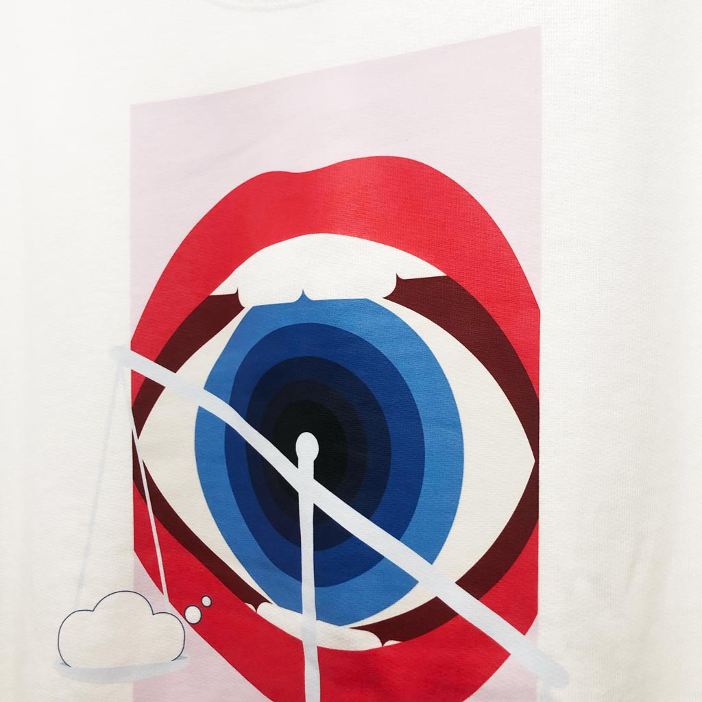 Defeua® POLITICALLY CORRECT felpa Off White con cappuccio dettaglio retro bocca e occhio