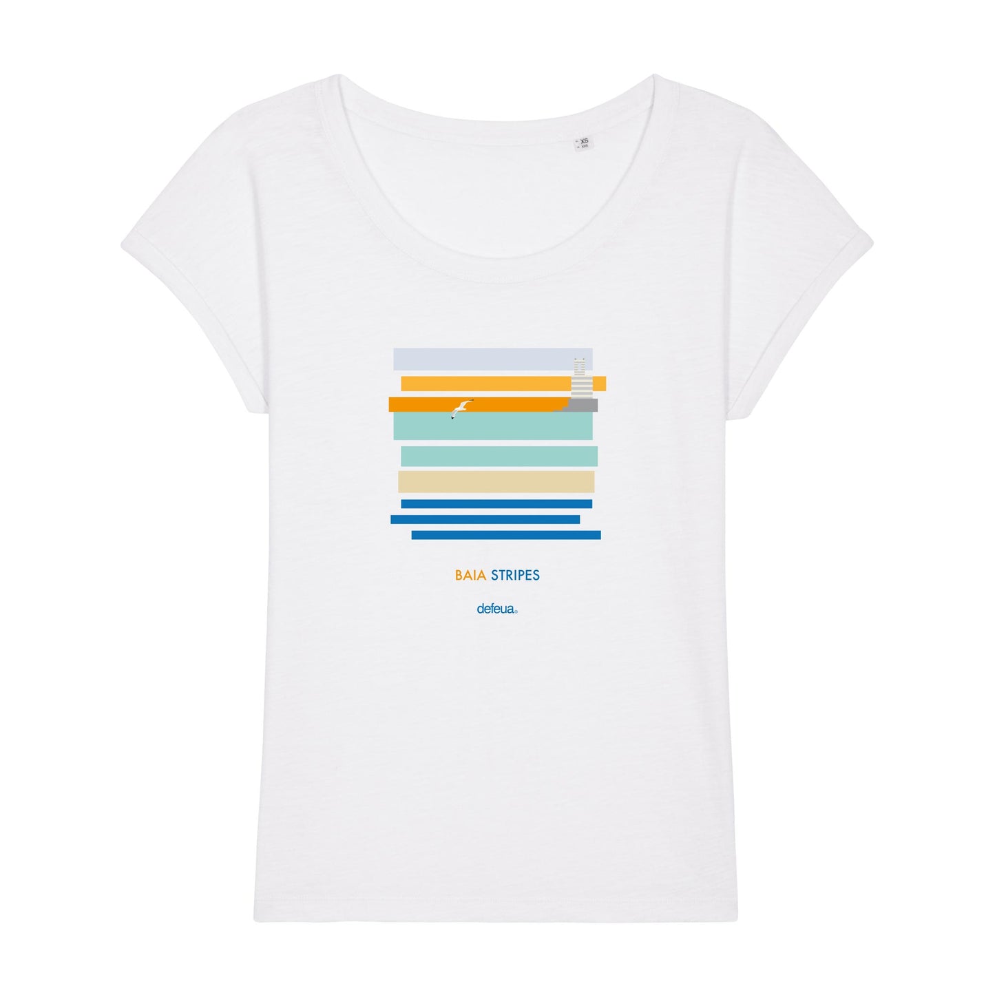 Defeua® "BAIA STRIPES" t-shirt donna in 100% cotone organico fiammato: le meravigliose strisce della Baia del Silenzio