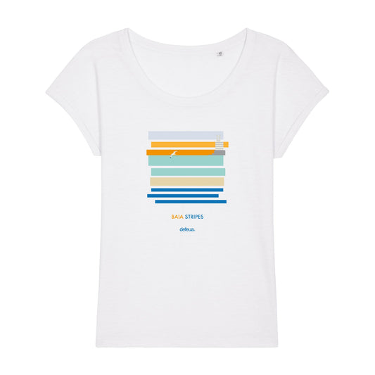 Defeua® "BAIA STRIPES" t-shirt donna in 100% cotone organico fiammato: le meravigliose strisce della Baia del Silenzio