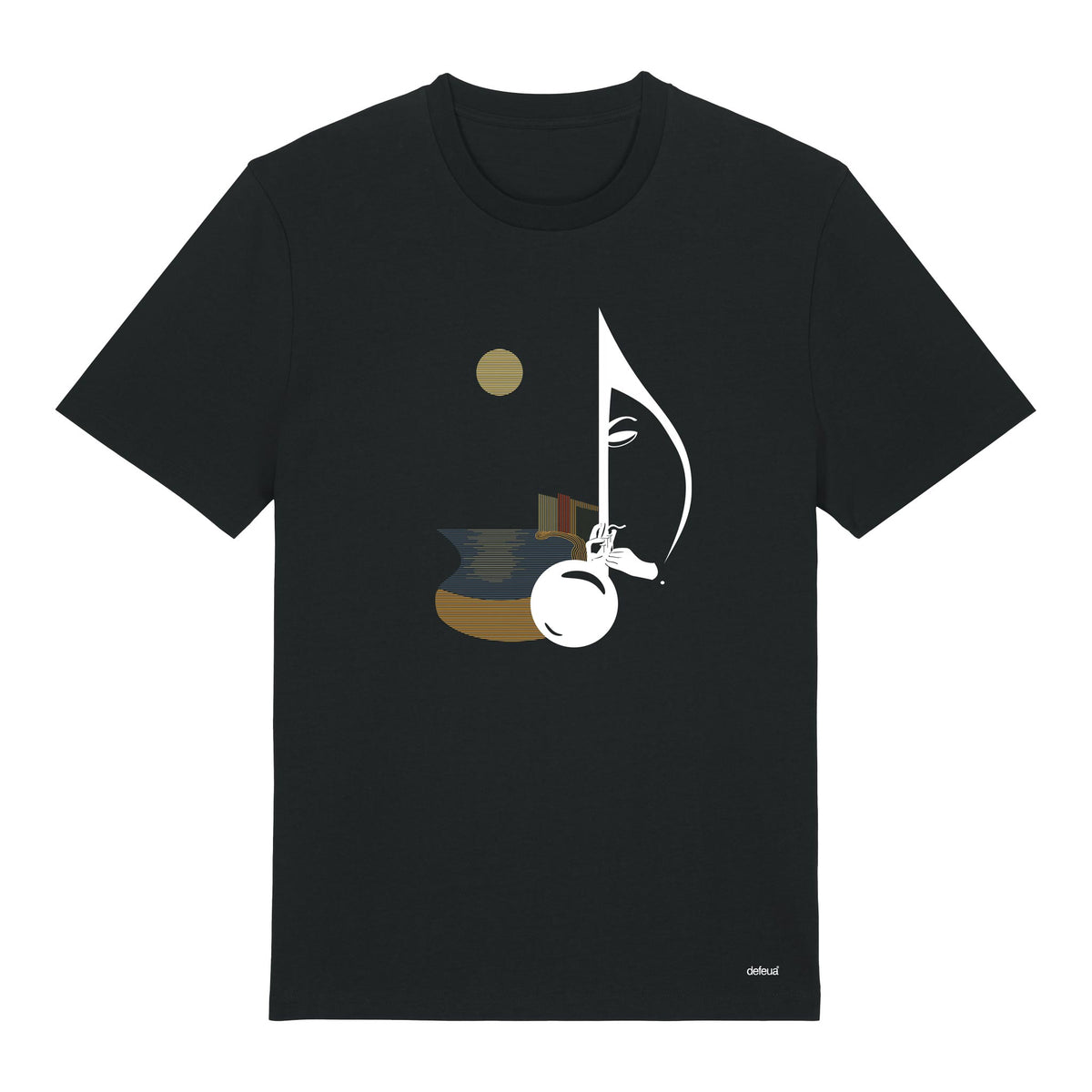 Defeua® BAY VIBES la t-shirt in cotone biologico con la grafica sulla musica che prende vita nella Baia del Silenzio a Sestri Levante