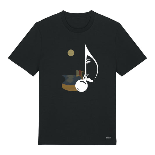 Defeua® BAY VIBES la t-shirt in cotone biologico con la grafica sulla musica che prende vita nella Baia del Silenzio a Sestri Levante