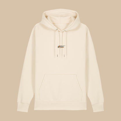 Defeua BREAK THE LOOP hoodie in cotone biologico, colore natural raw, grafica generazione zeta sull'ansia - fronte
