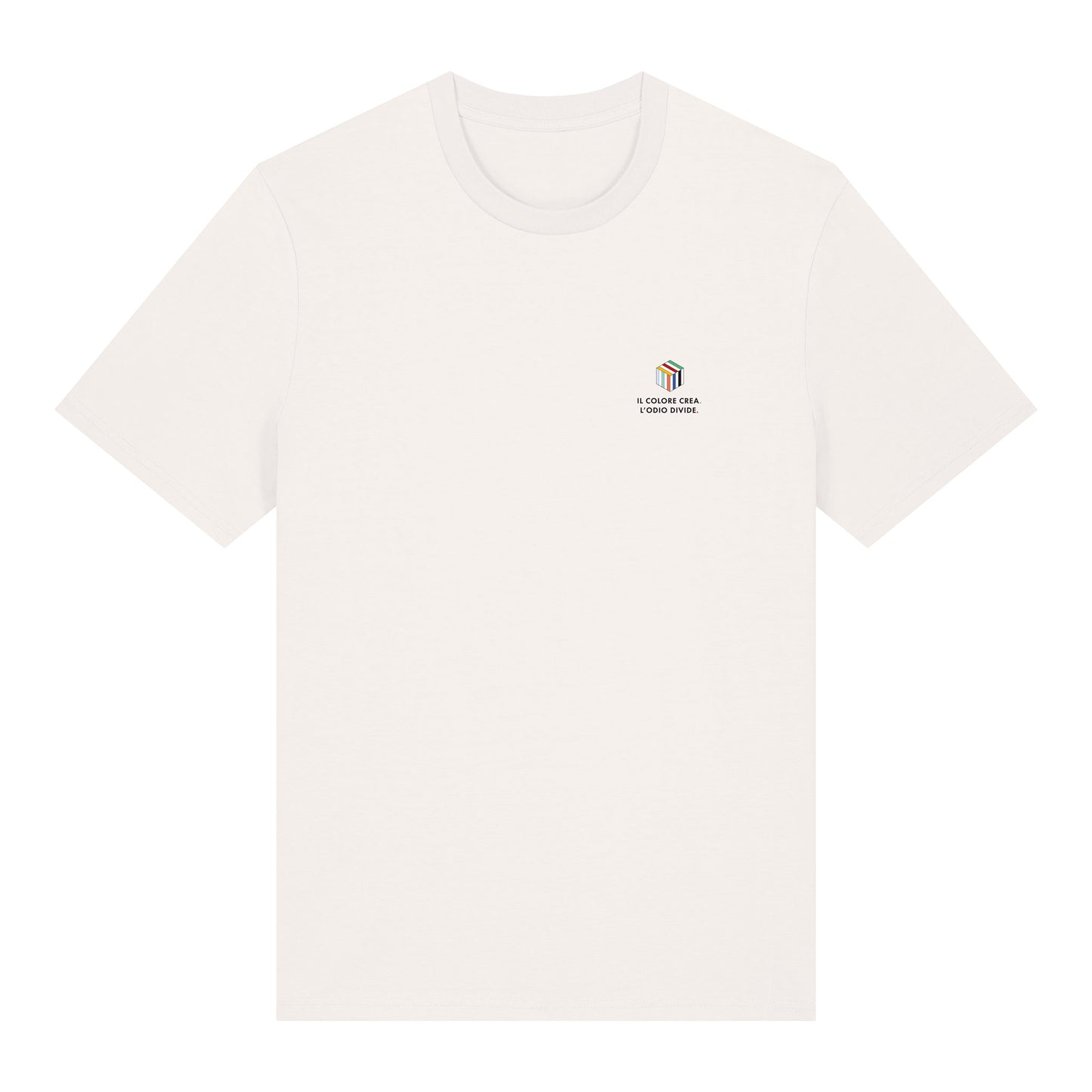 COLOURS t-shirt ecologica off-white in 100% cotone biologico con grafica pop art, logo frontale