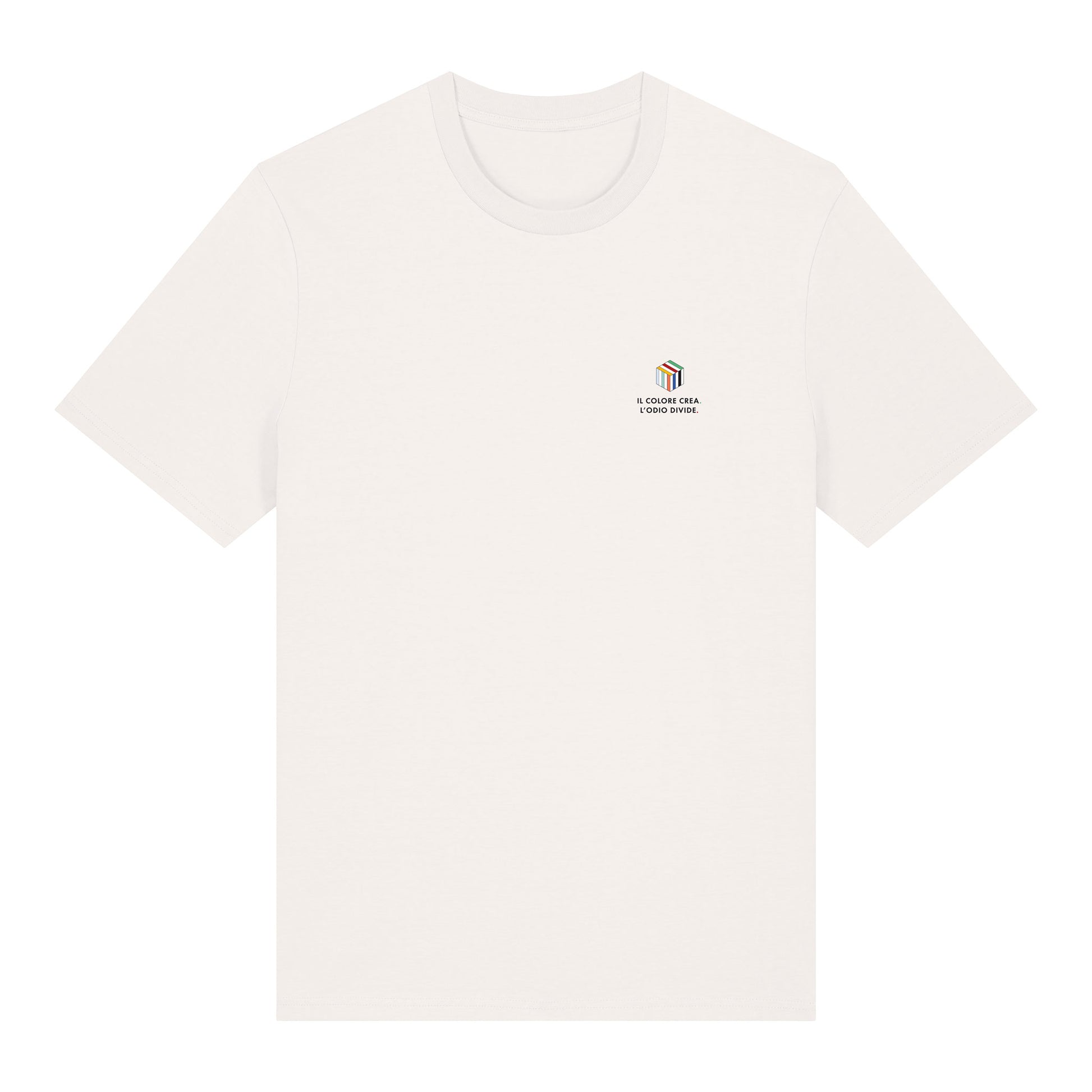 COLOURS t-shirt ecologica off-white in 100% cotone biologico con grafica pop art, logo frontale