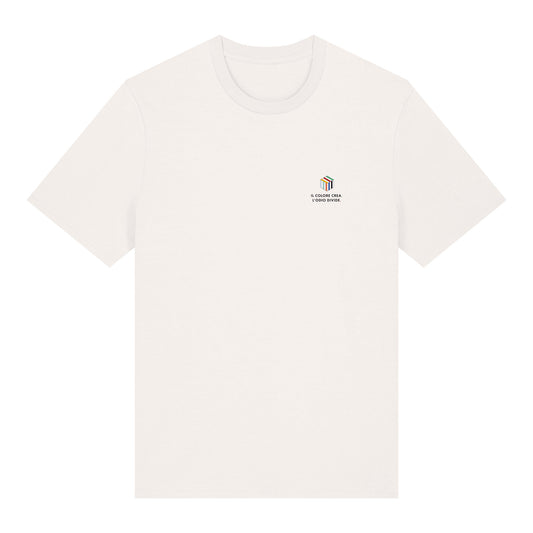 COLOURS t-shirt ecologica off-white in 100% cotone biologico con grafica pop art, logo frontale