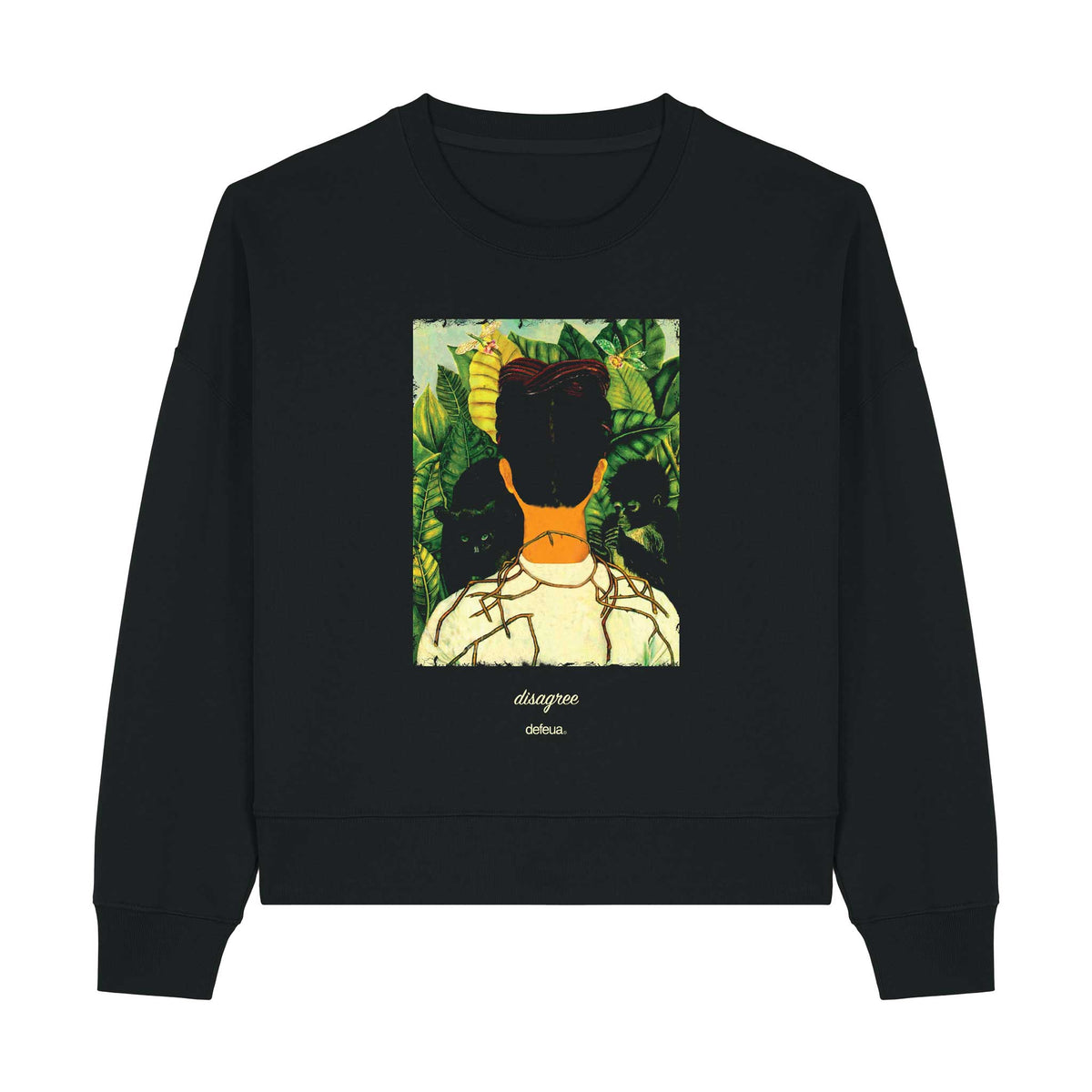 Defeua DISAGREE, felpa donna in cotone biologico con spalle ribassate e grafica su Frida Kahlo.