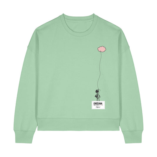 Defeua® felpa donna DREAM, spalle abbassate, grafica sul valore dei sogni, colore giada