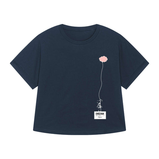 T-shirt donna sostenibile DREAM colore blu con grafica sul sogno, manica dolman e vestibiltà over