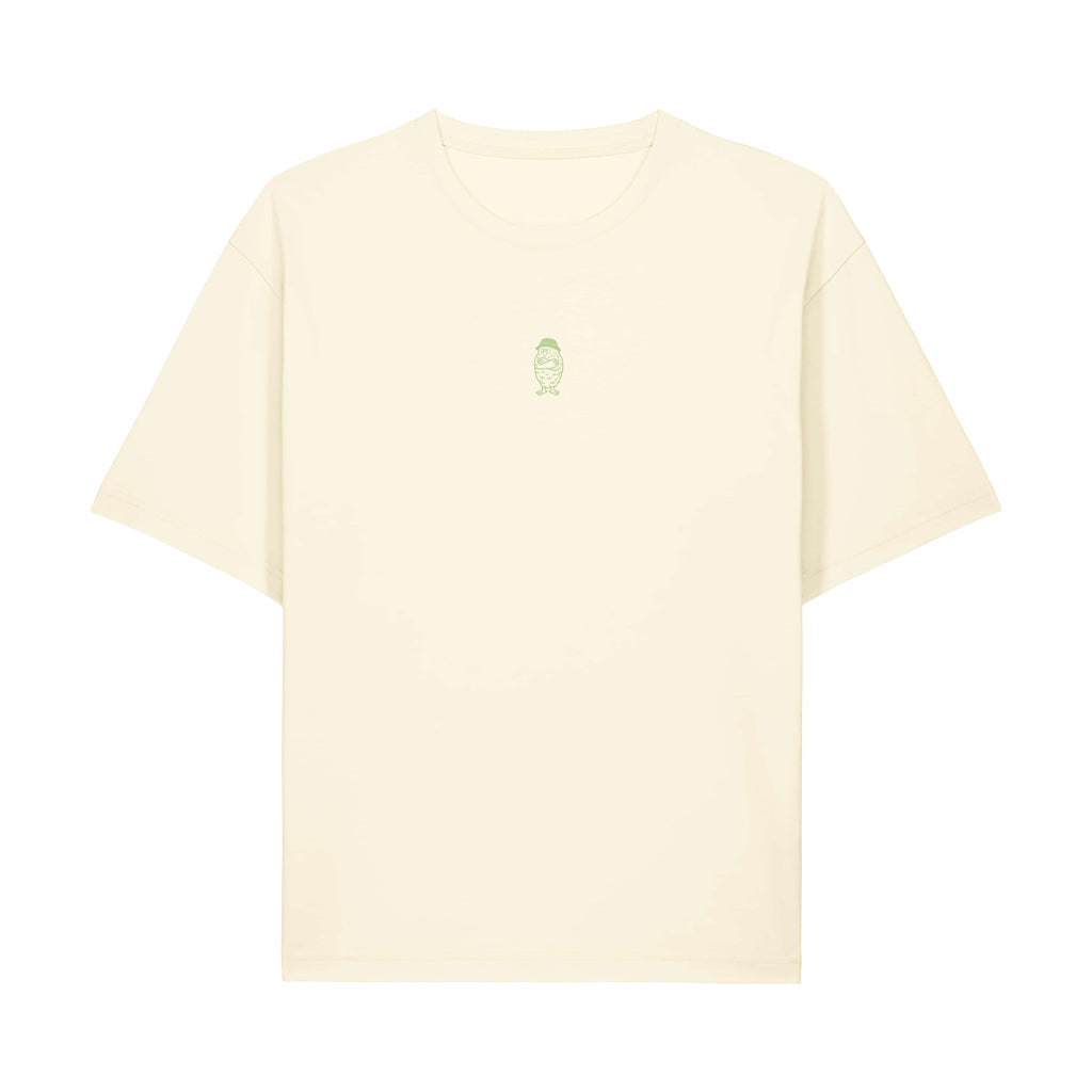 Fronte della T-shirt streetwear FEEL LIGHT in cotone biologico con grafica del kakapo al centro come simbolo di leggerezza e resilienza stampata al centro della maglietta