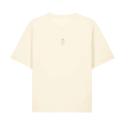 Fronte della T-shirt streetwear FEEL LIGHT in cotone biologico con grafica del kakapo al centro come simbolo di leggerezza e resilienza stampata al centro della maglietta