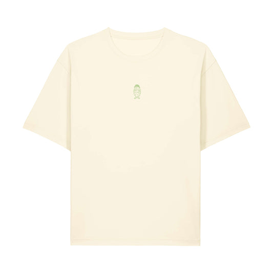Fronte della T-shirt streetwear FEEL LIGHT in cotone biologico con grafica del kakapo al centro come simbolo di leggerezza e resilienza stampata al centro della maglietta