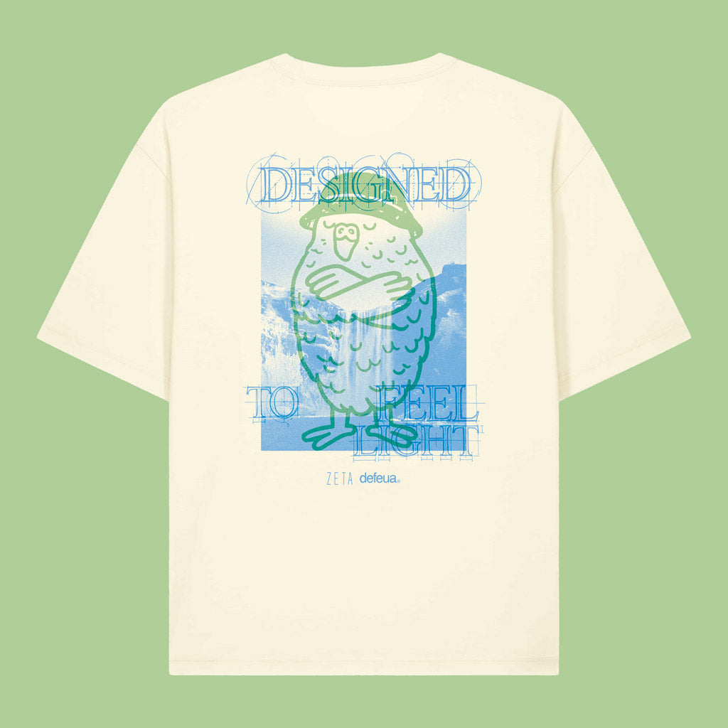 Retro della T-shirt streetwear FEEL LIGHT in cotone biologico con grafica kakapo ispirata alla leggerezza, alla natura al distacco mentale