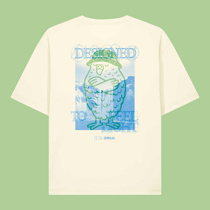 Retro della T-shirt streetwear FEEL LIGHT in cotone biologico con grafica kakapo ispirata alla leggerezza, alla natura al distacco mentale