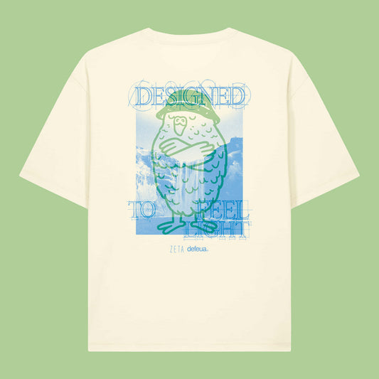 Retro della T-shirt streetwear FEEL LIGHT in cotone biologico con grafica kakapo ispirata alla leggerezza, alla natura al distacco mentale