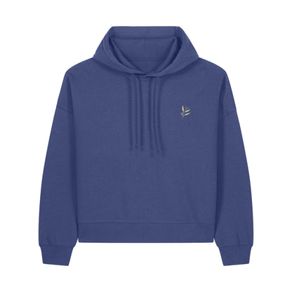 Defeua® FEMMES fronte felpa con cappuccio donna colore crepuscolo, taglio boxy spalle ribassate, grafica generazione Zeta sulla solidarietà femminile - 100% cotone biologico 