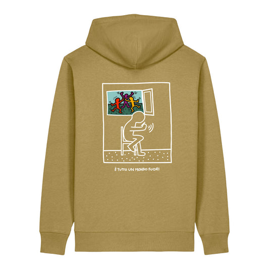 Defeua FUORI, felpa con cappuccio in cotone biologico colore verde oliva chiaro, con grafica sul retro ispirata a Keith Haring 