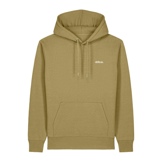 Defeua FUORI, hoodie streetwear in cotone biologico colore verde oliva chiaro, con logo sulla parte frontale e tasca marsupio