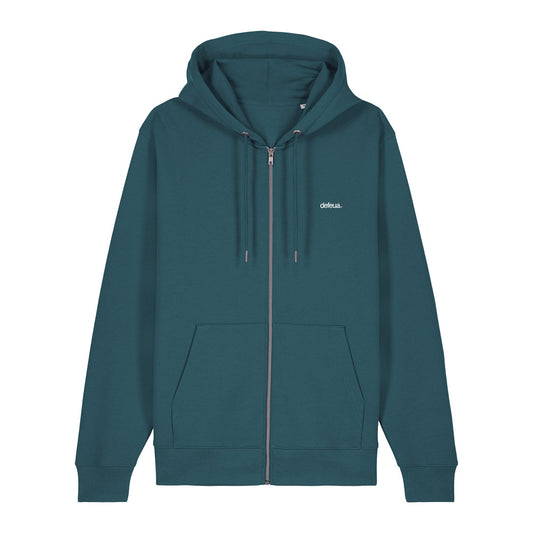 Defeua® FUORI felpa con cappuccio e zip in cotone biologico, lato frontale con stampa logo.