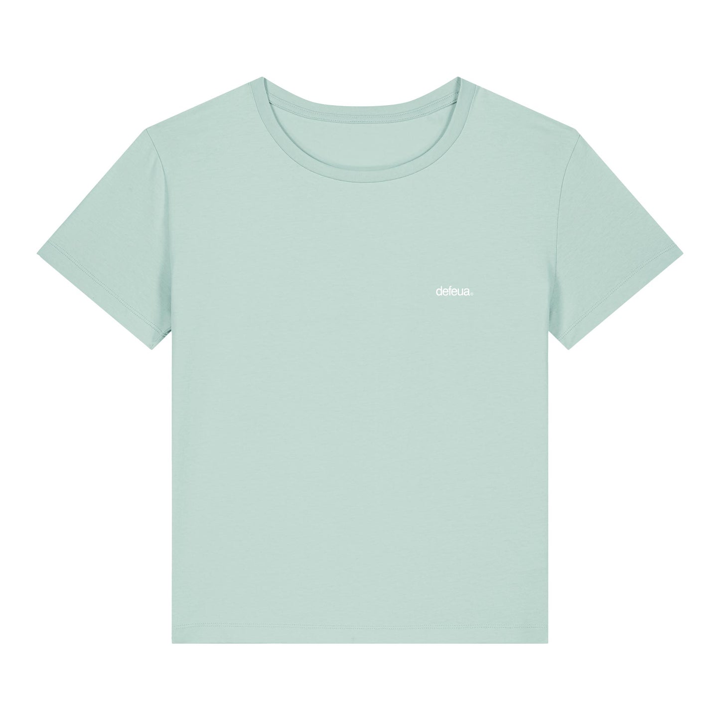T-shirt donna sostenibilie in cotone biologico "FUORI", grafica frontale logo DEFEUA - colore Mare di Sardegna