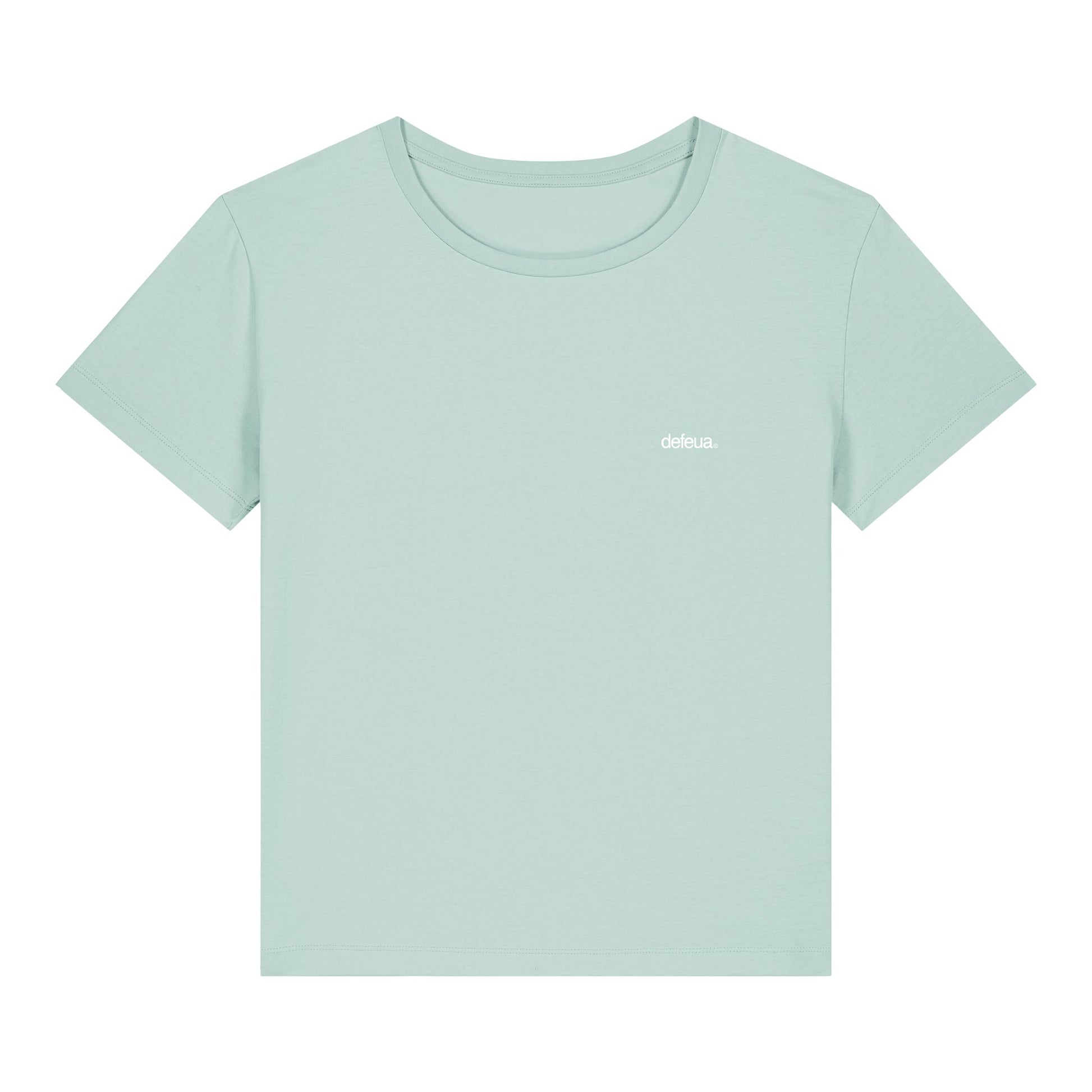 T-shirt donna sostenibilie in cotone biologico "FUORI", grafica frontale logo DEFEUA - colore Mare di Sardegna