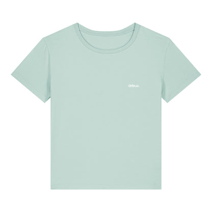 T-shirt donna sostenibilie in cotone biologico "FUORI", grafica frontale logo DEFEUA - colore Mare di Sardegna