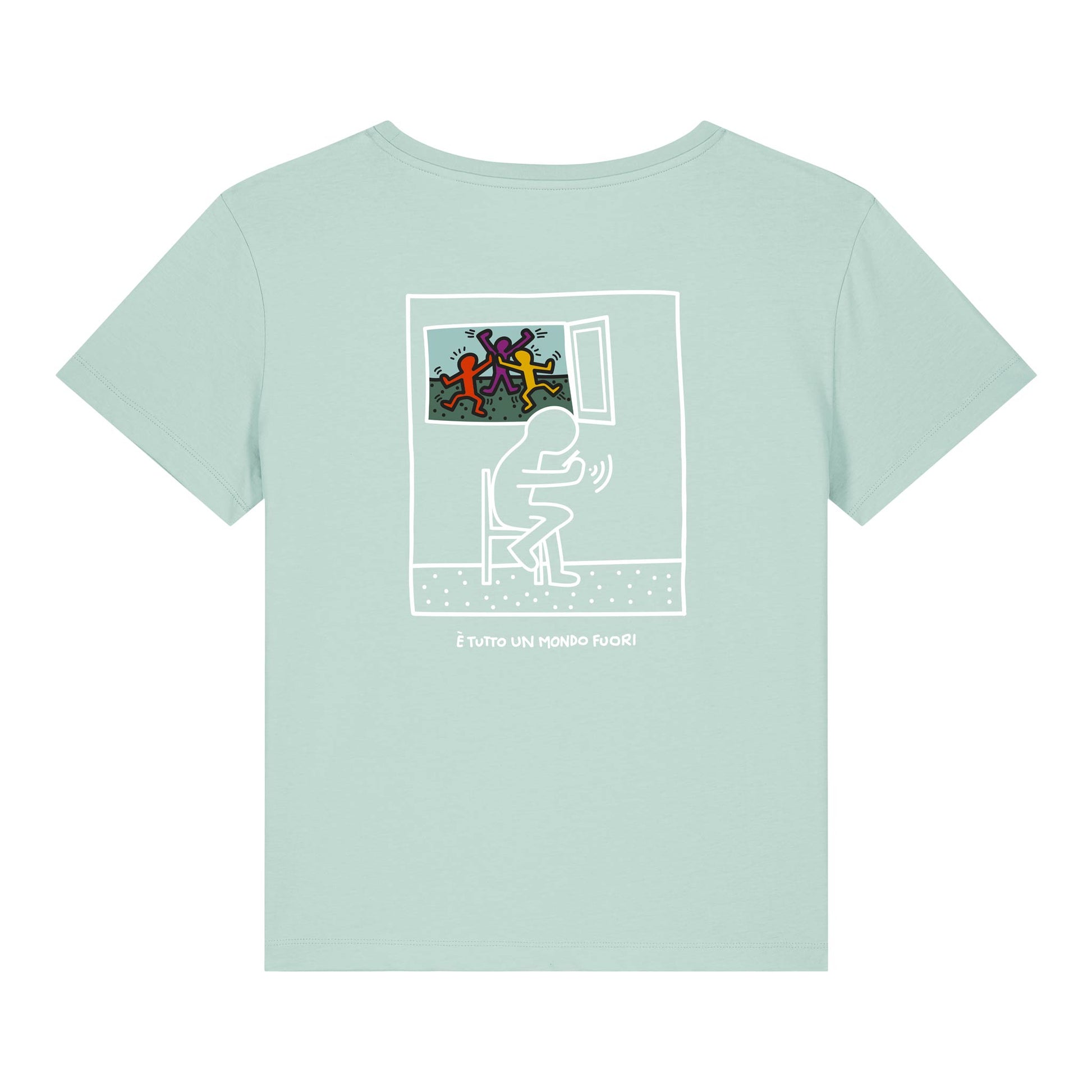 T-shirt donna sostenibilie "FUORI", con grafica intelligente e ironica ispirata a Keith Haring - colore Mare di Sardegna.