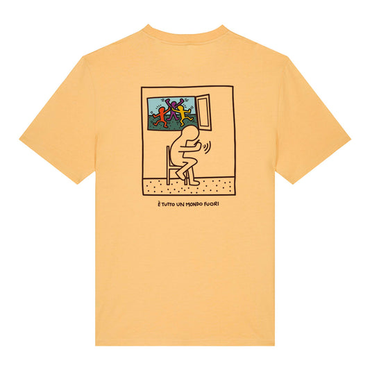 Defeua® FUORI, t-shirt ispirata a Keith Haring, in 100% cotone biologico GOTS colore nespola