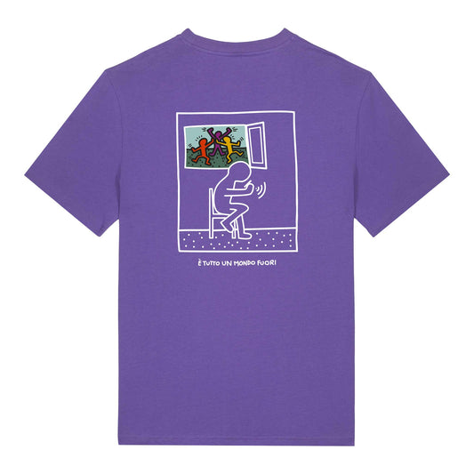 Defeua® FUORI, t-shirt ispirata a Keith Haring, in 100% cotone biologico GOTS colore viola
