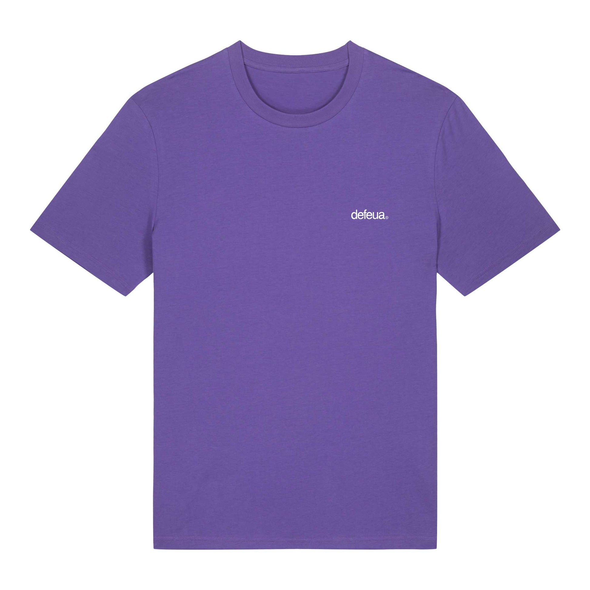 Defeua® FUORI, t-shirt ispirata a Keith Haring, in 100% cotone biologico GOTS colore viola-fronte logo