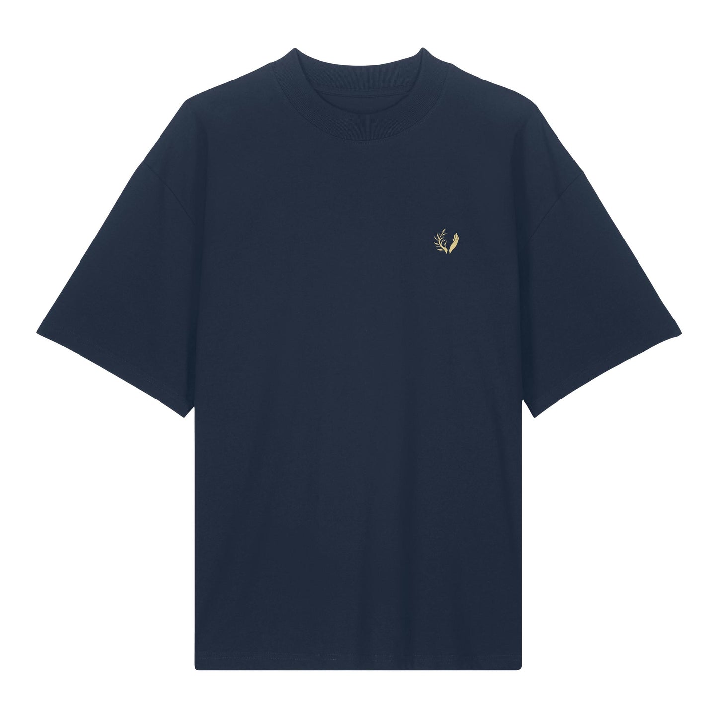 Fronte della T-shirt sostenibile oversize  GLORIA, colore blu in cotone biologico sul tema della fama, sviluppato dalla Gen Z.