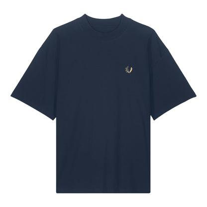 Fronte della T-shirt sostenibile oversize  GLORIA, colore blu in cotone biologico sul tema della fama, sviluppato dalla Gen Z.