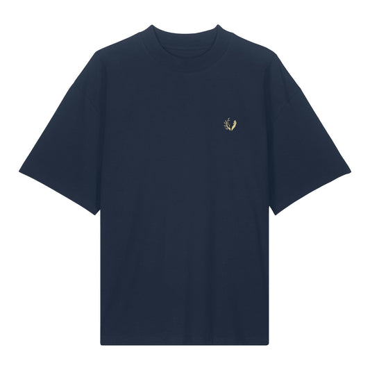 Fronte della T-shirt sostenibile oversize  GLORIA, colore blu in cotone biologico sul tema della fama, sviluppato dalla Gen Z.