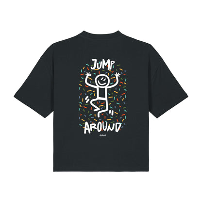 Defeua® T-shirt donna crop JUMP AROUND – Streetwear sostenibile con messaggio sulla leggerezza