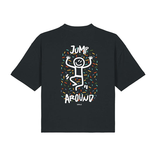 Defeua® T-shirt donna crop JUMP AROUND – Streetwear sostenibile con messaggio sulla leggerezza