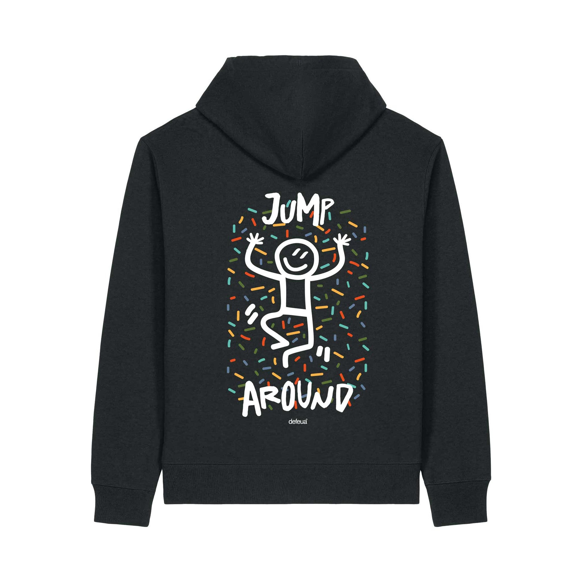 Felpa sostenibile con cappuccio Defeua® JUMP AROUND, cotone biologico e cotone riciclato - grafica retro
