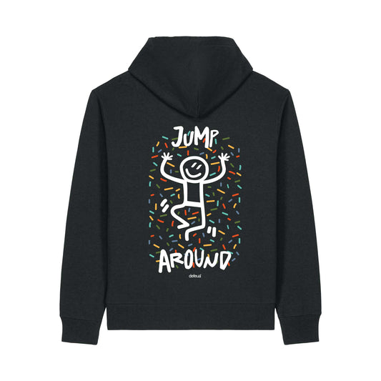 Felpa sostenibile con cappuccio Defeua® JUMP AROUND, cotone biologico e cotone riciclato - grafica retro